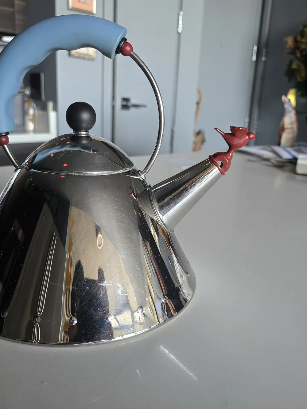 Stainless Steel 9093 Tea Kettle with Blue Handle and Red Bird Accent